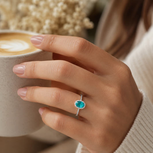 Close-up of a elegant oval cut paraiba tourmaline ring styled on a woman's hand