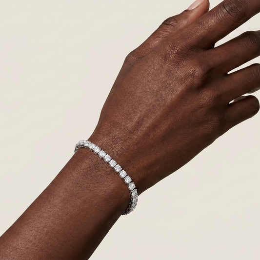 Moissanite tennis bracelet worn on deep skin tone