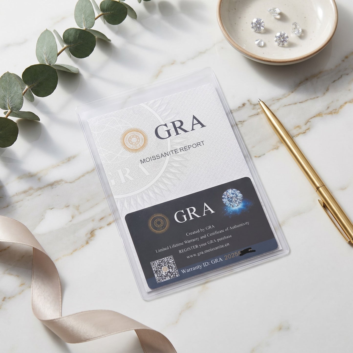 Official authentic GRA Certificate and warranty report paired with Luvia moissanite jewelry on a high-end white marble tabletop.