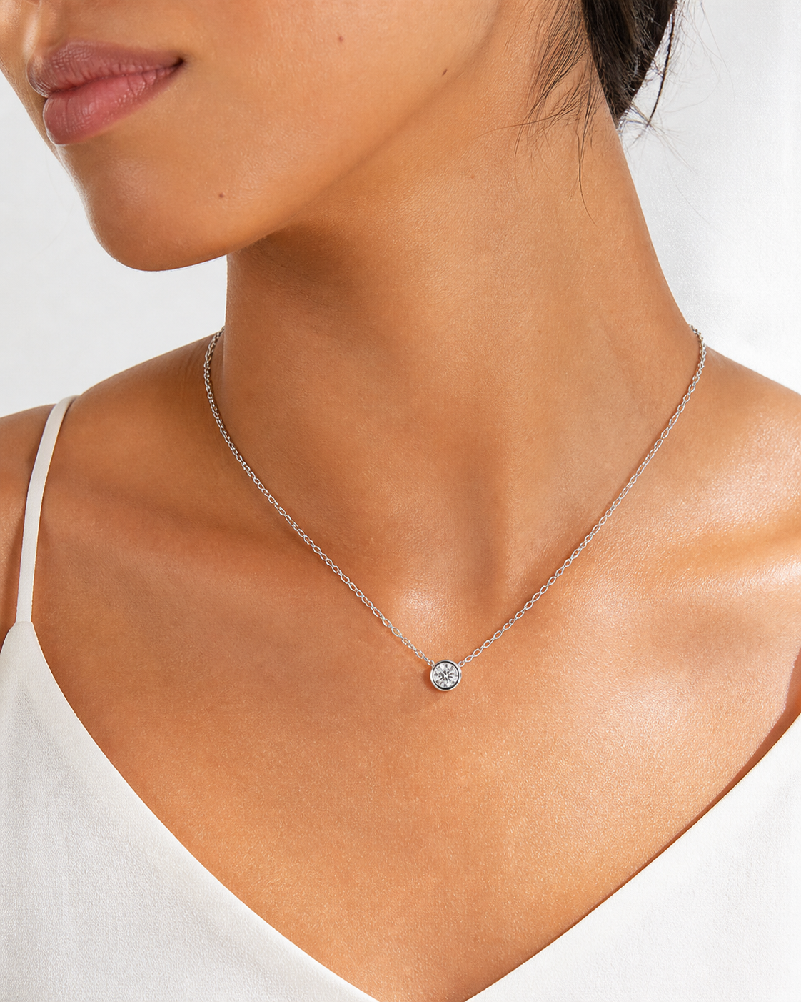 0.5ct (5.0mm) moissanite solitaire necklace, dainty minimalist style.