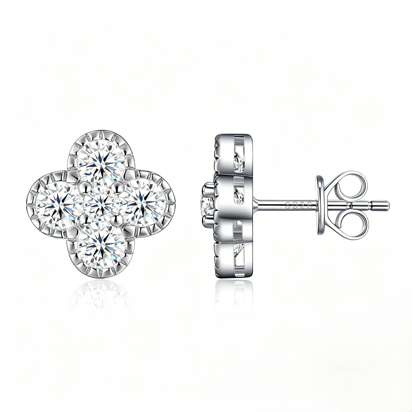 Four-flower cluster moissanite stud earrings in 925 sterling silver on white background
