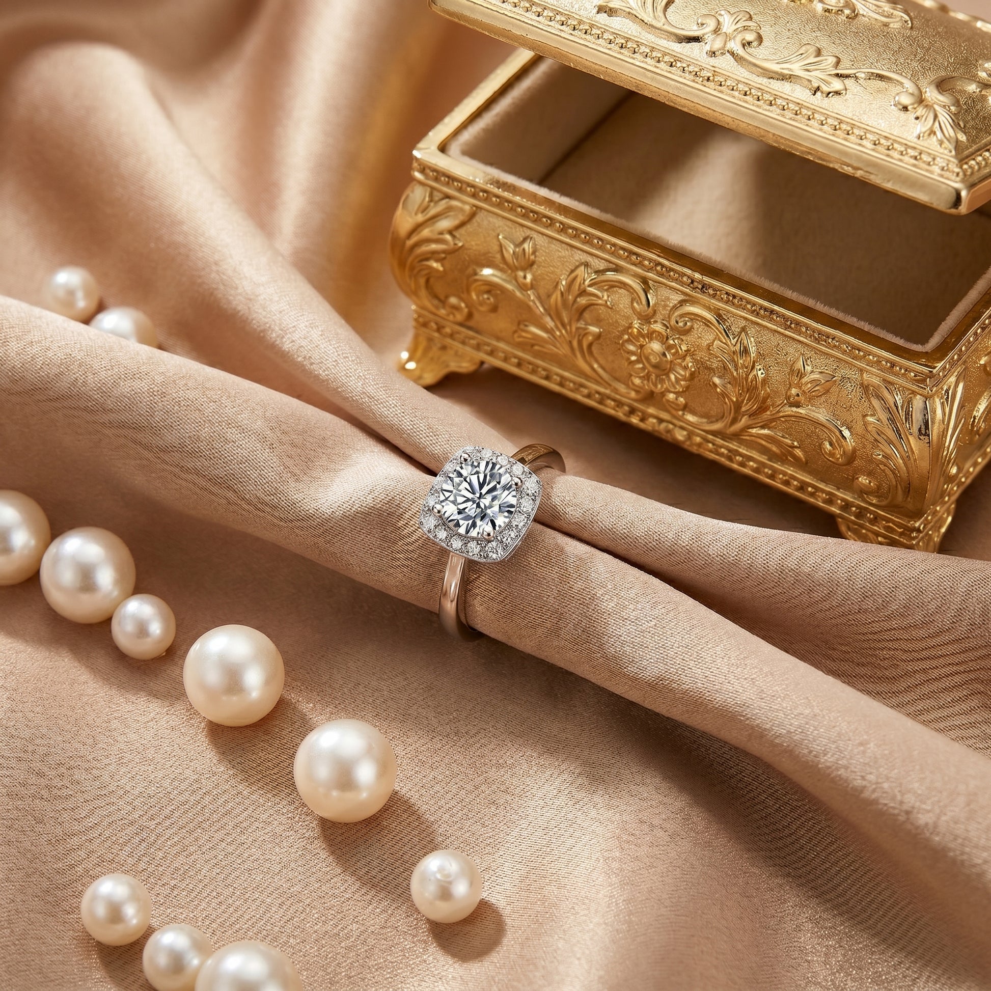 Cushion halo moissanite ring styled with pearls and vintage gold jewelry box