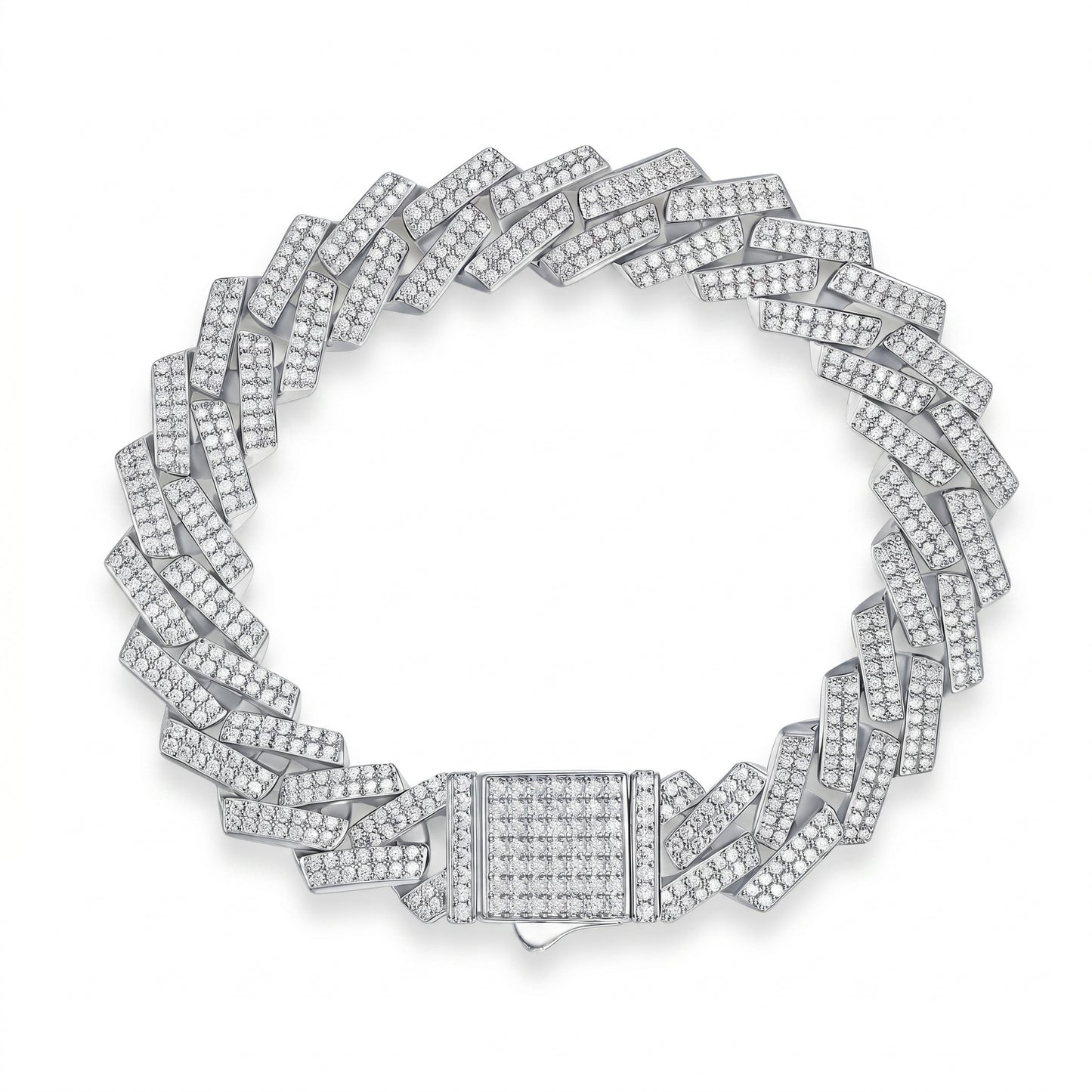Luvia luxury heavyweight 14mm iced-out Cuban link bracelet full of micropavé moissanite stones on a crisp white background.