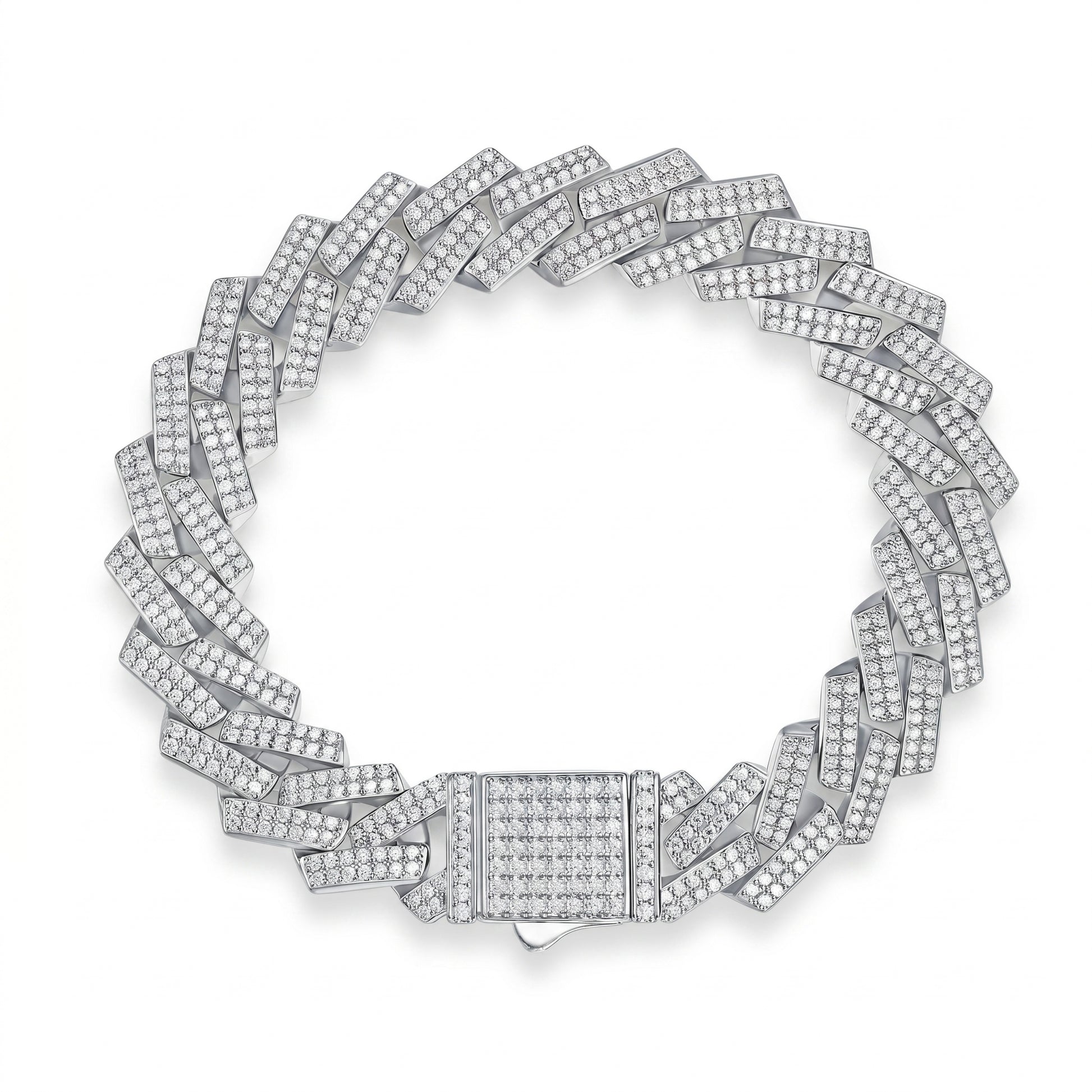 Luvia luxury heavyweight 14mm iced-out Cuban link bracelet full of micropavé moissanite stones on a crisp white background.