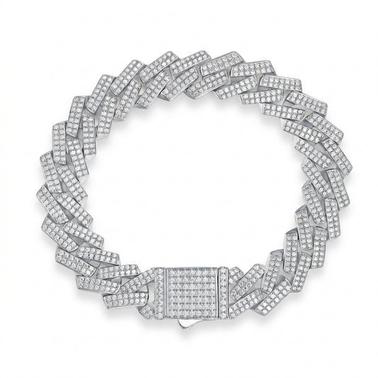Luvia luxury heavyweight 14mm iced-out Cuban link bracelet full of micropavé moissanite stones on a crisp white background.
