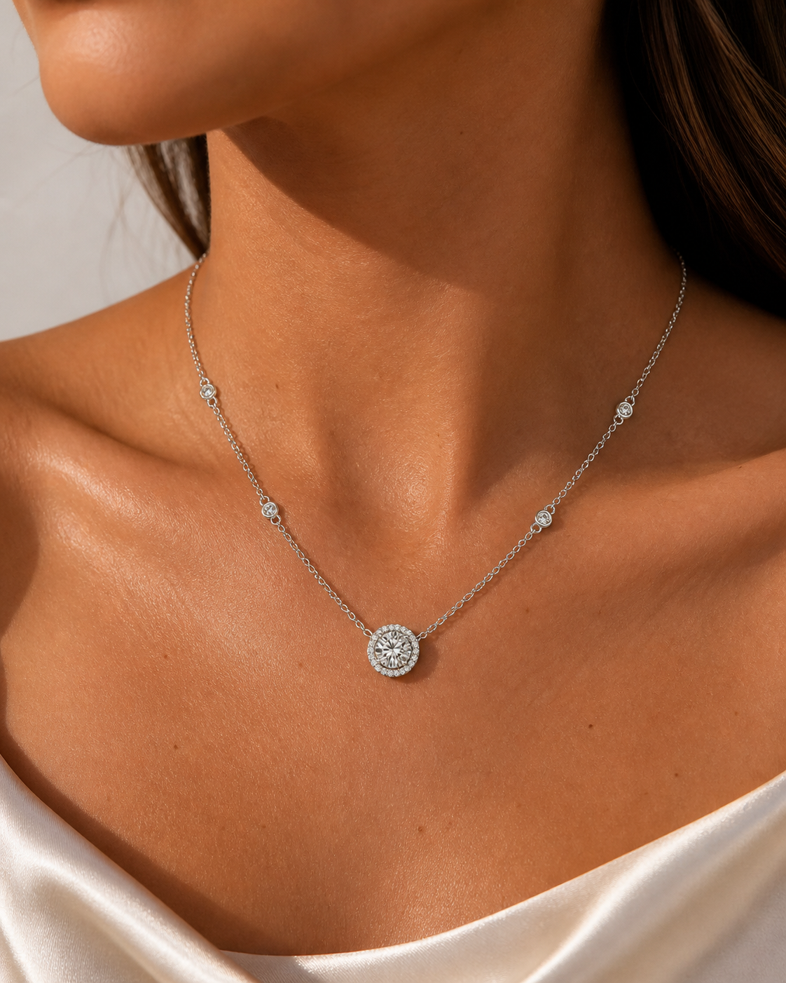 1.0 Carat (6.5mm) moissanite solitaire necklace, D color VVS1, minimalist floating pendant on sun-kissed skin.