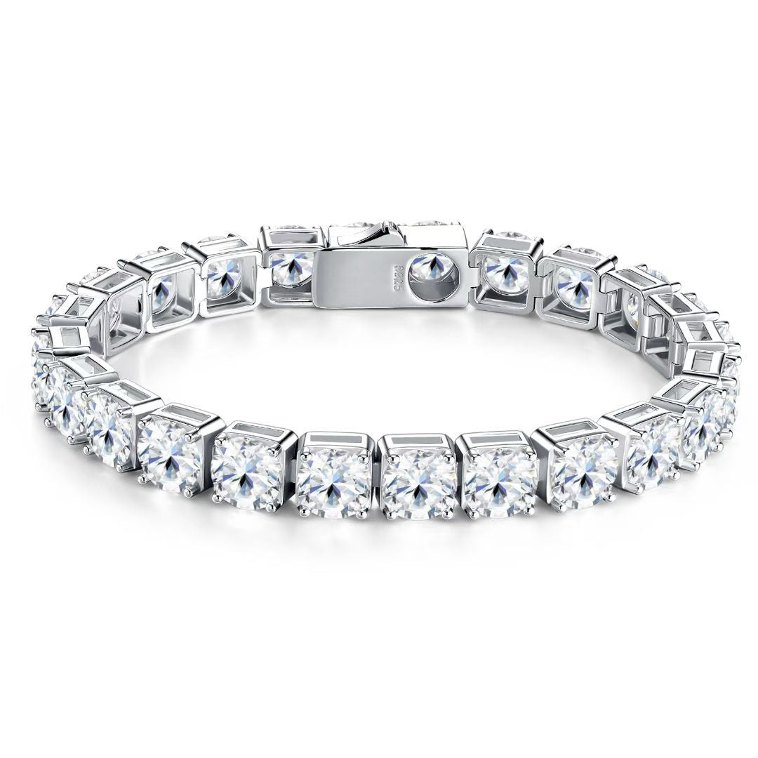 Close-up of Luvia classic moissanite tennis bracelet with a secure custom clasp on a white background.