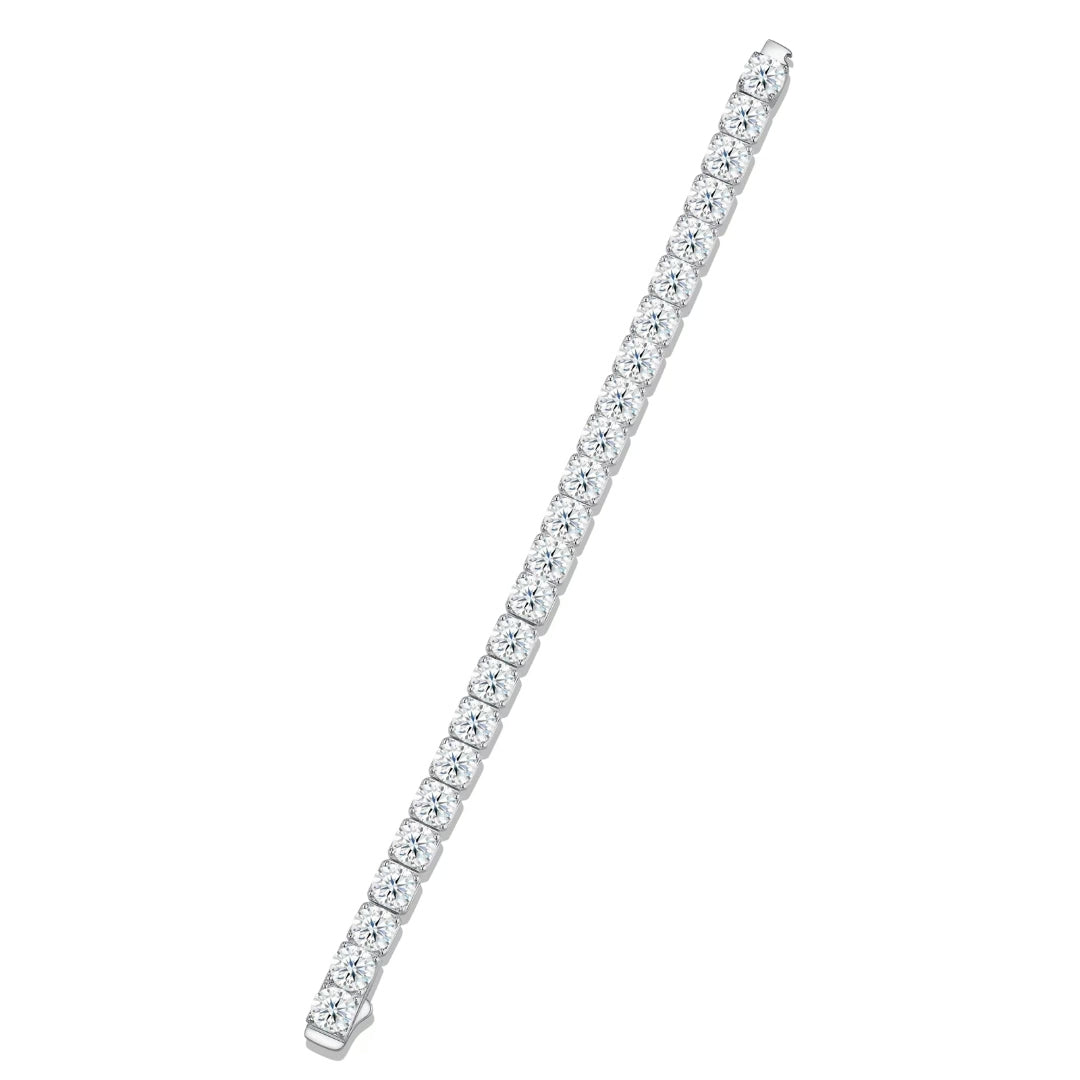 Luvia premium moissanite tennis bracelet in 925 sterling silver showcased diagonally on a crisp white background.