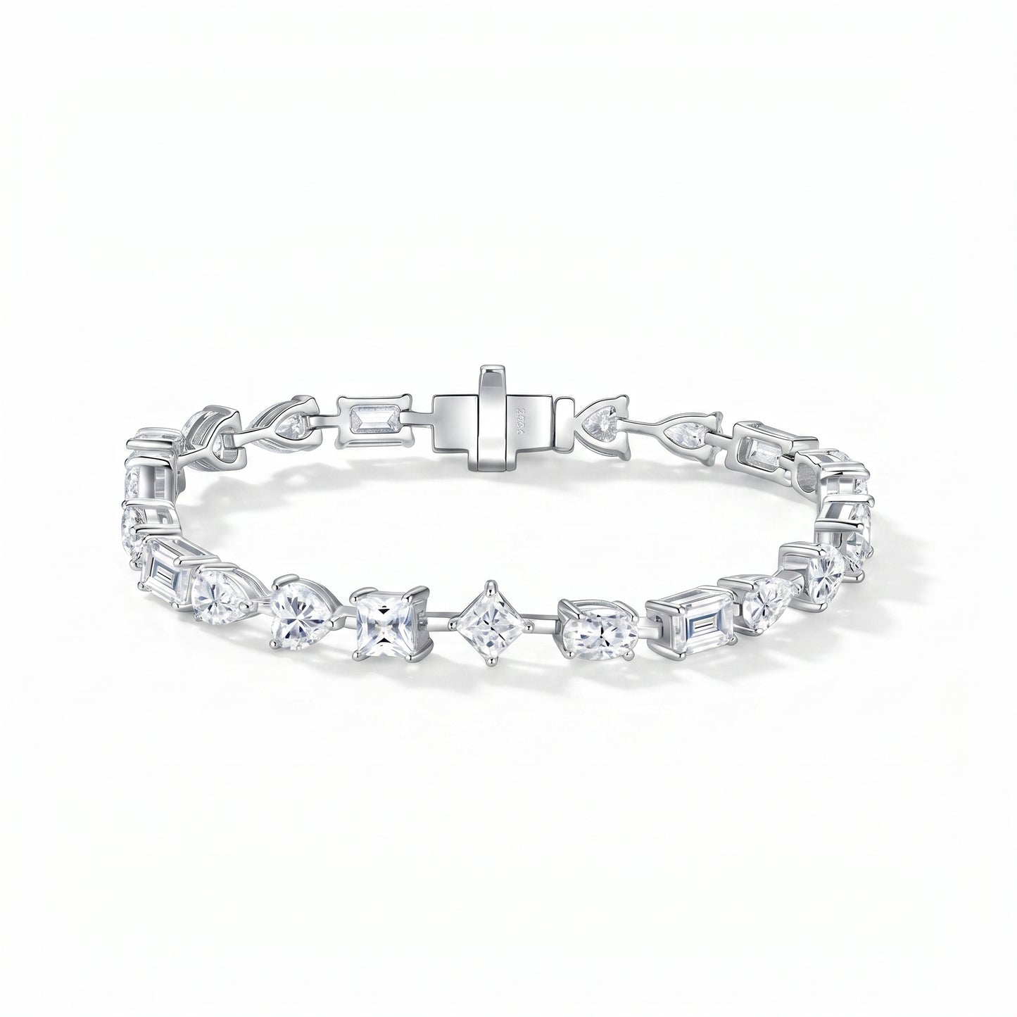 Luvia luxury fancy cut multi-shape moissanite tennis bracelet in 18K white gold plated 925 sterling silver.