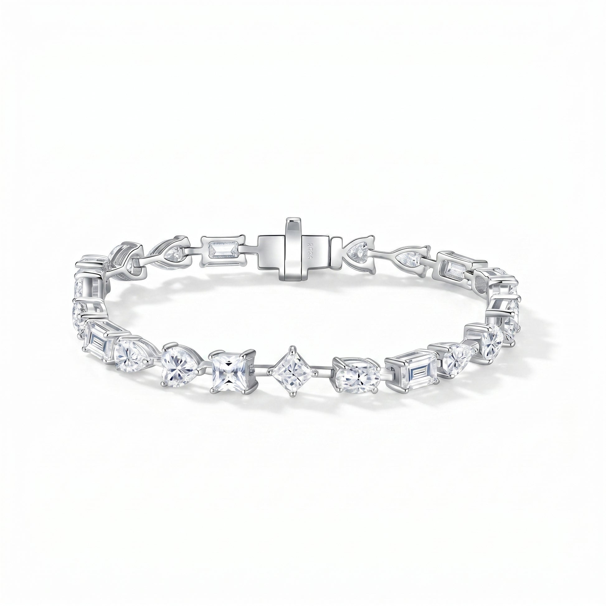 Luvia luxury fancy cut multi-shape moissanite tennis bracelet in 18K white gold plated 925 sterling silver.