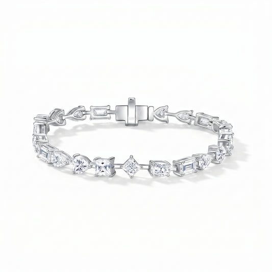 Luvia luxury fancy cut multi-shape moissanite tennis bracelet in 18K white gold plated 925 sterling silver.
