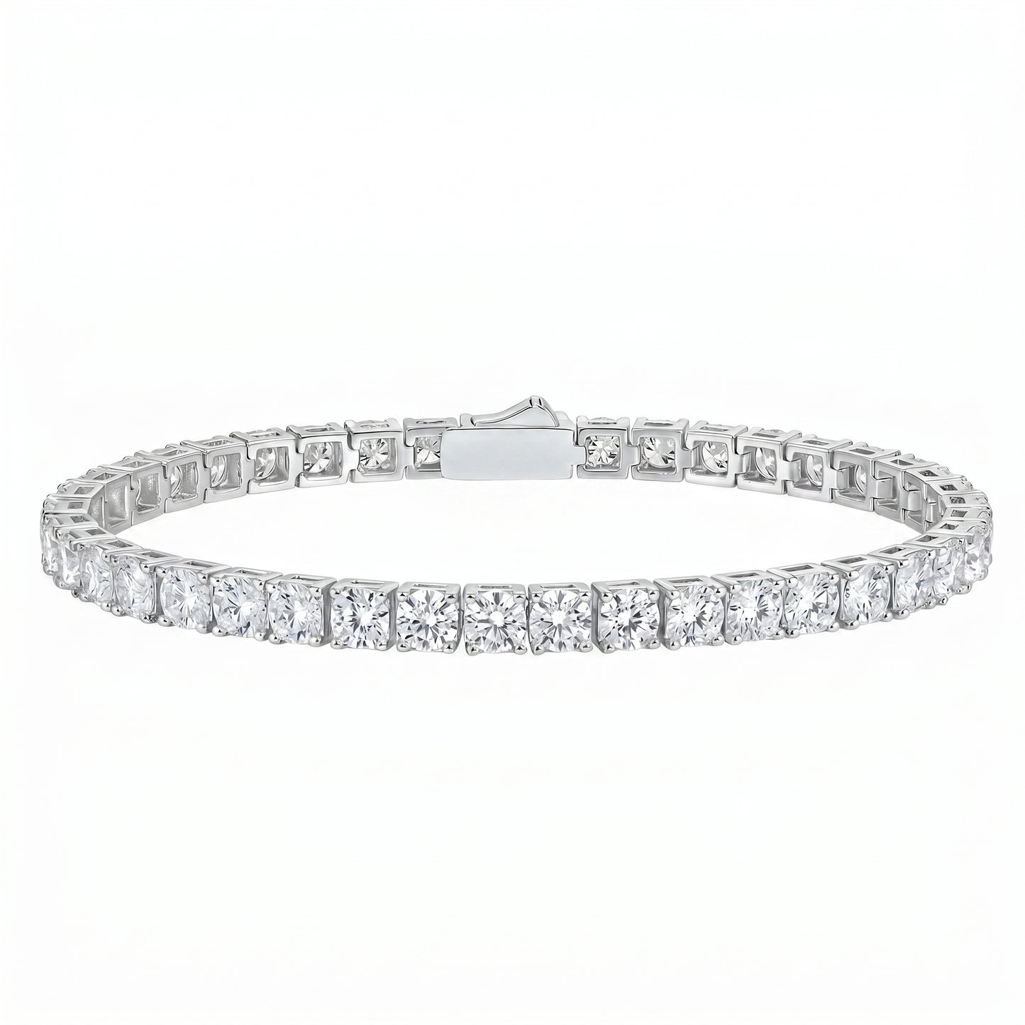 Classic moissanite tennis bracelet in 925 sterling silver on white background