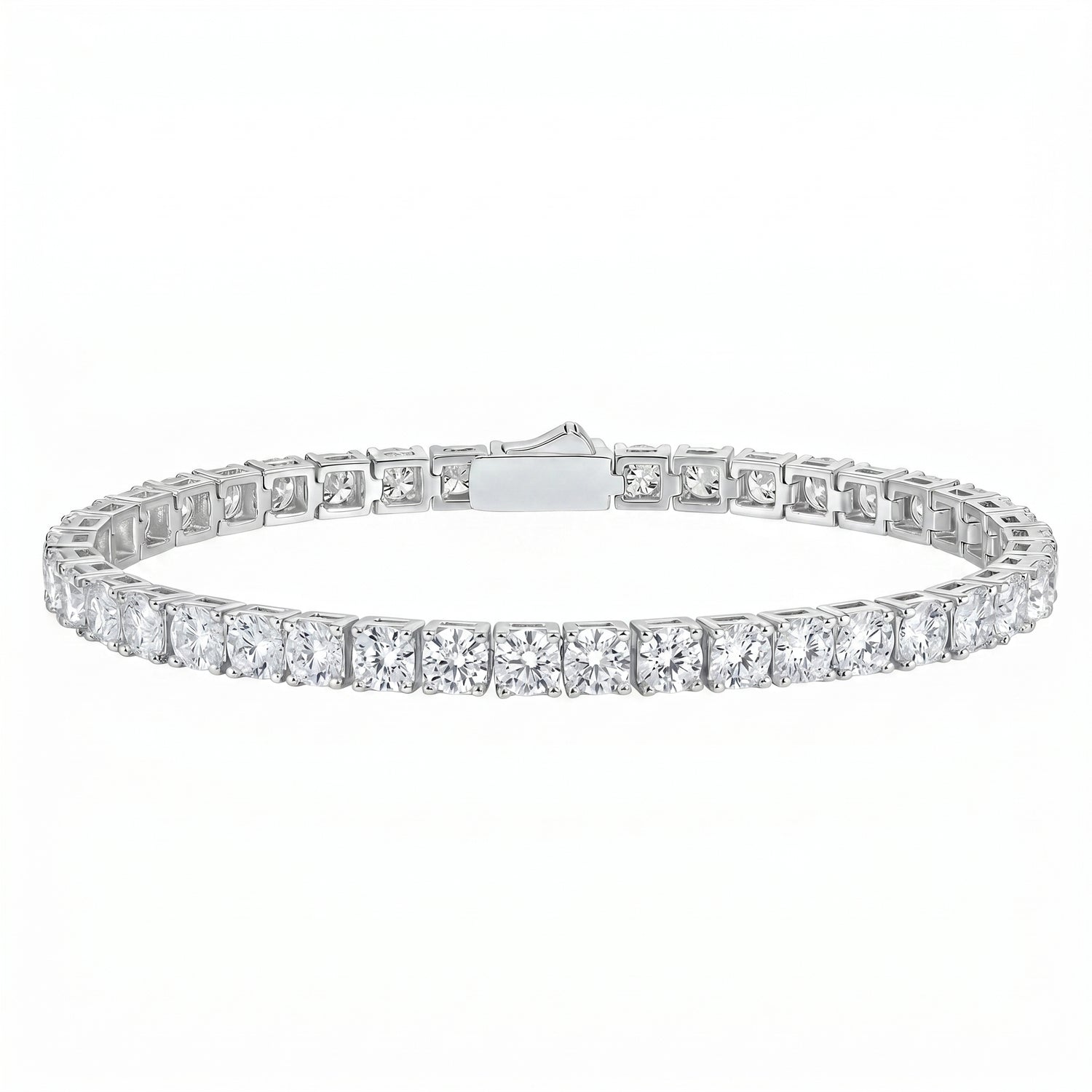Classic moissanite tennis bracelet in 925 sterling silver on white background
