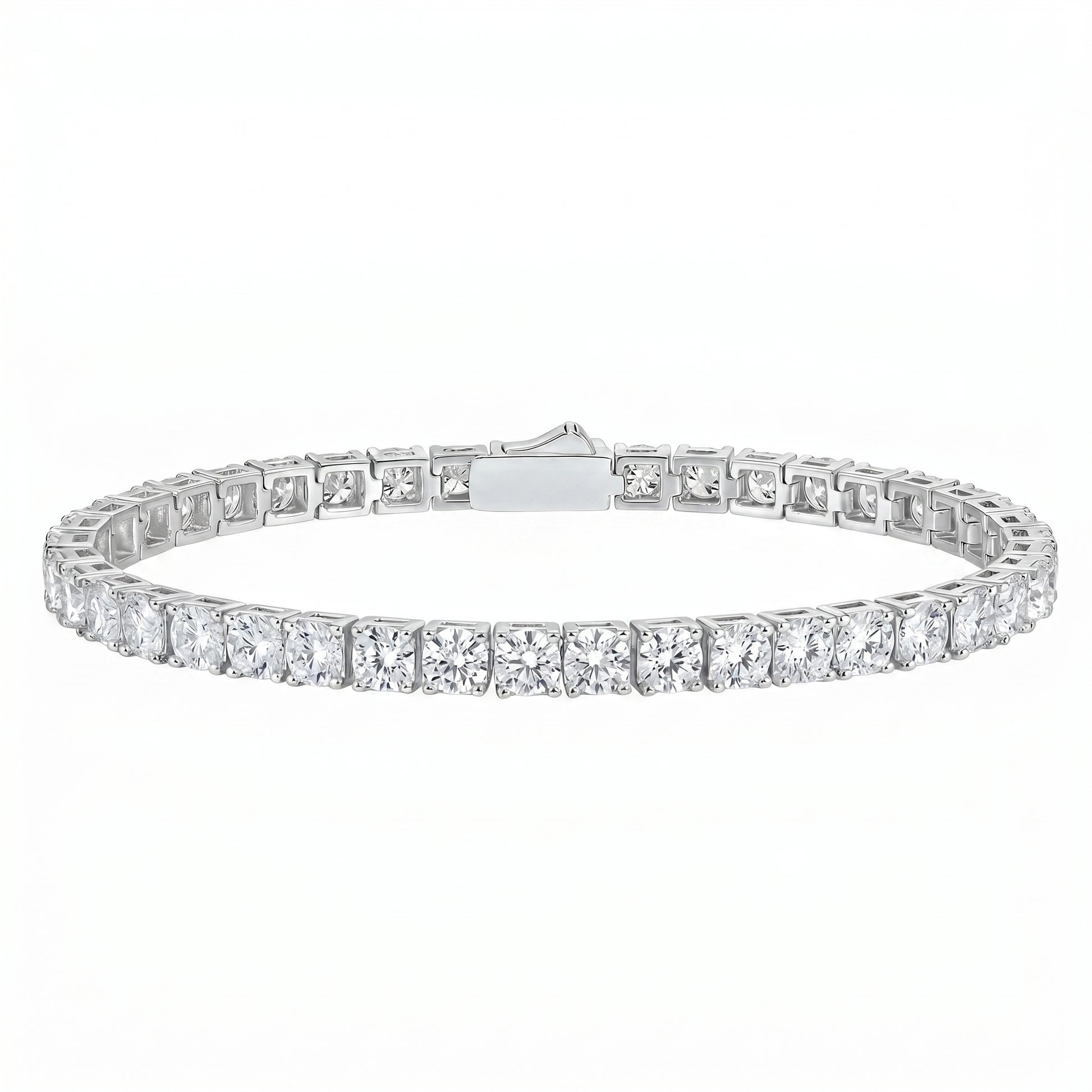 Classic moissanite tennis bracelet in 925 sterling silver on white background