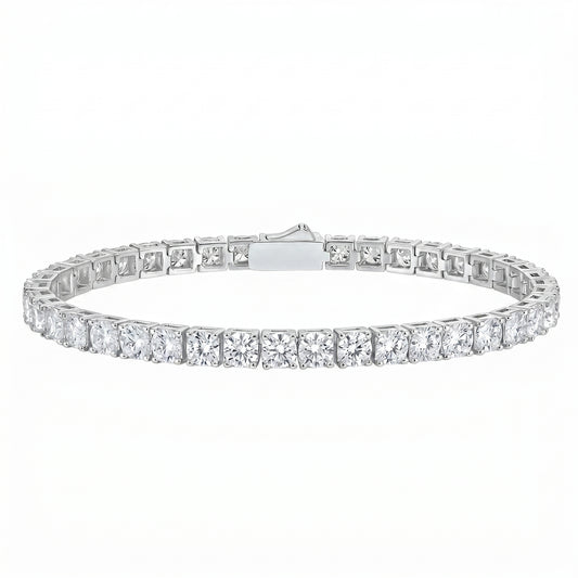 Classic moissanite tennis bracelet in 925 sterling silver on white background