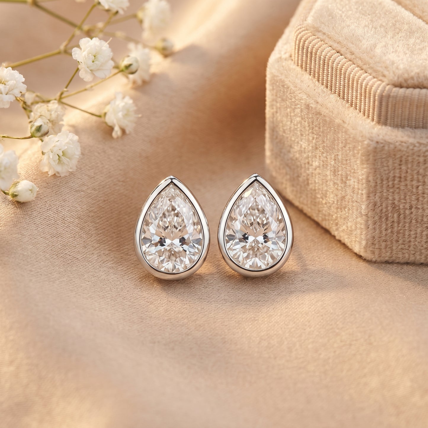 Minimalist teardrop brilliant cut moissanite studs beautifully laid on a soft silk background with elegant dried floral accents.