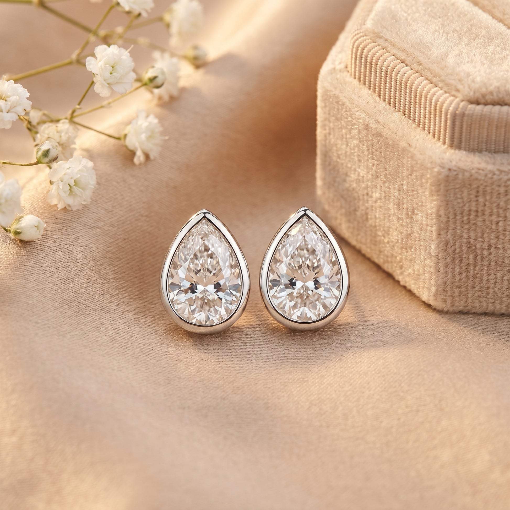Minimalist teardrop brilliant cut moissanite studs beautifully laid on a soft silk background with elegant dried floral accents.