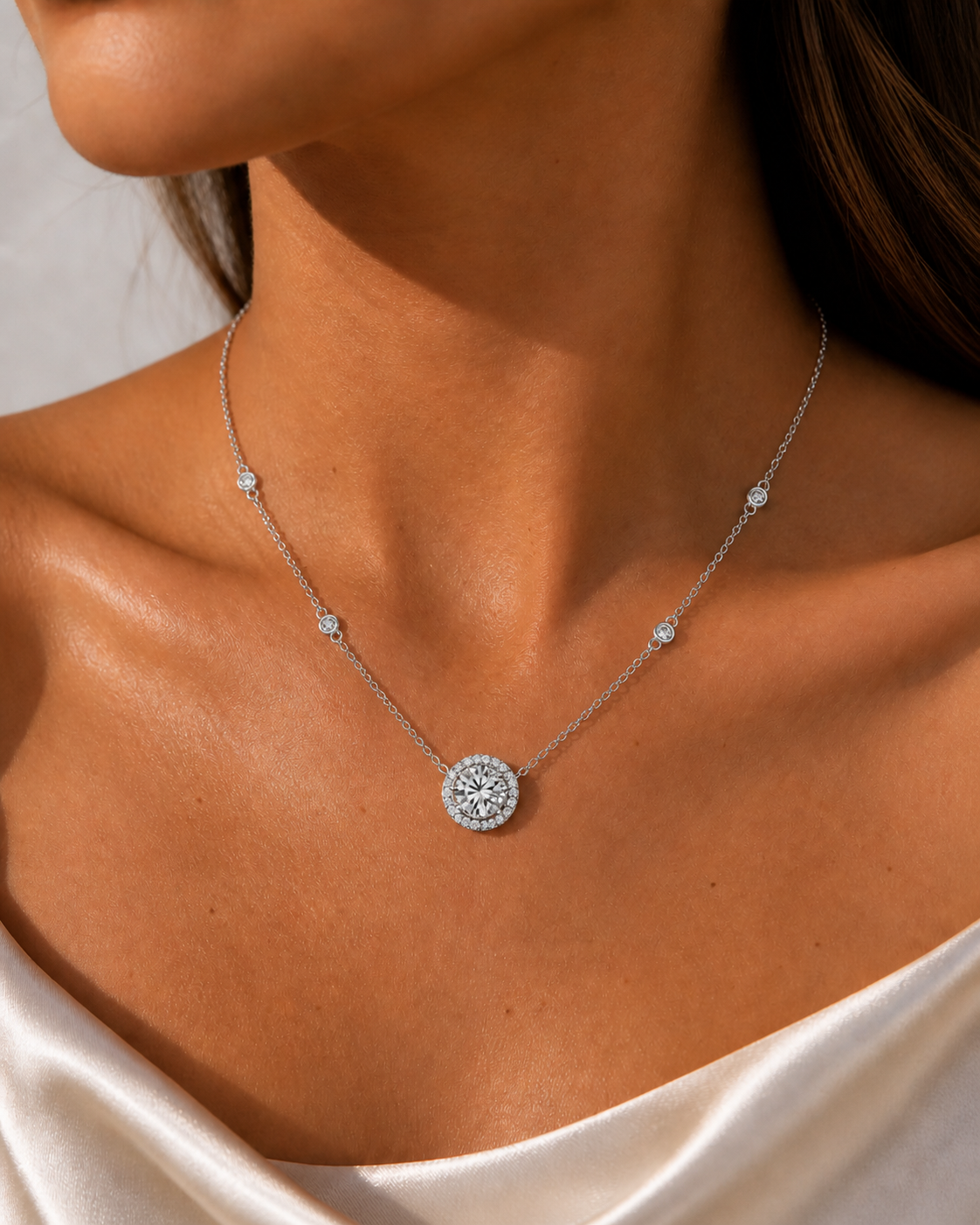 2.0 Carat (8.0mm) moissanite floating necklace, large brilliant round-cut stone with intense fire on tan skin.