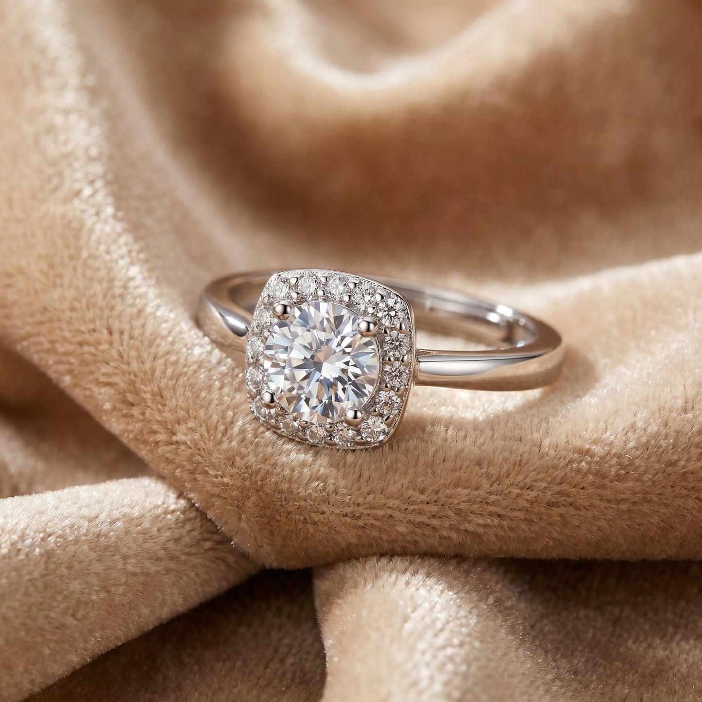 Cushion halo moissanite ring resting on beige satin fabric