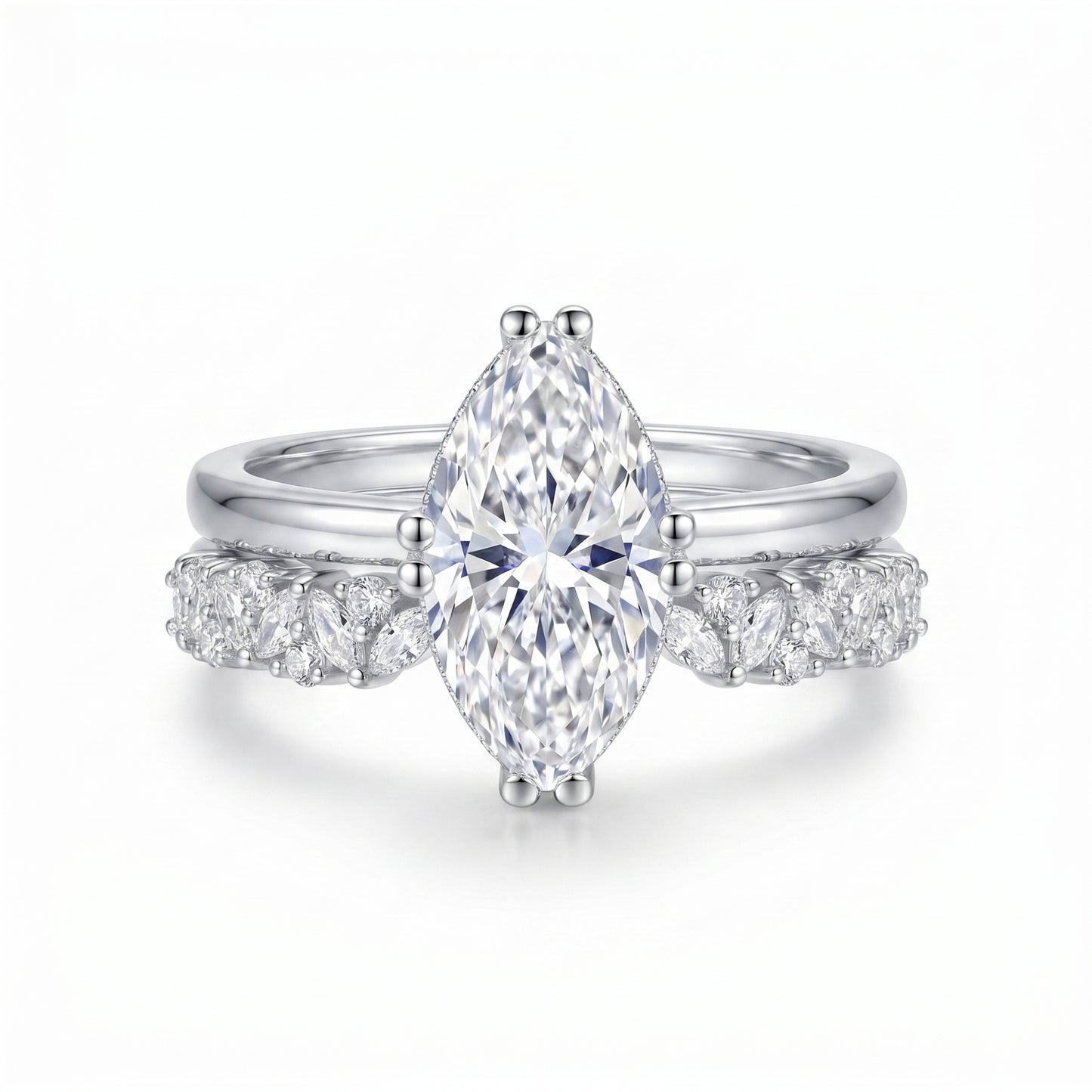 Front view of a solid 925 sterling silver 18K white gold plated marquise solitaire ring nested perfectly within a micropavé matching band.