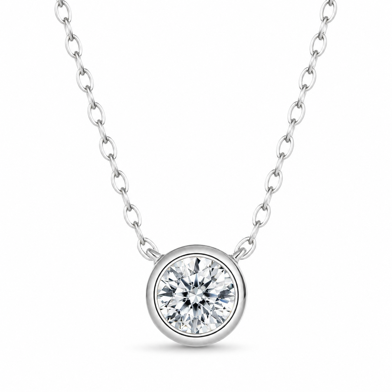 Silver bezel-set round moissanite pendant necklace on white background