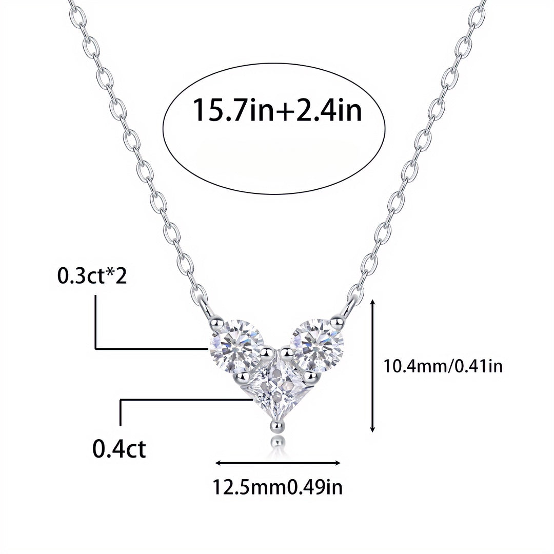 Detailed size specification and dimension guide chart for Luvia 1.0 carat heart moissanite pendant and adjustable chain.