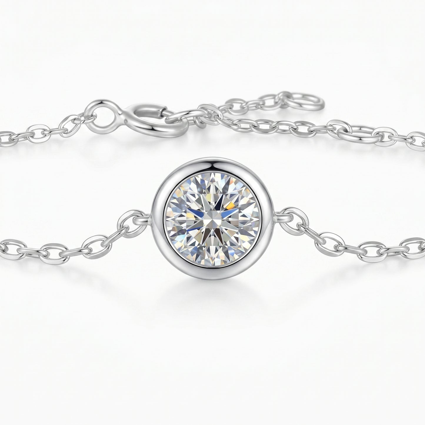 Close-up of round moissanite bubble bracelet in 18K white gold plated sterling silver