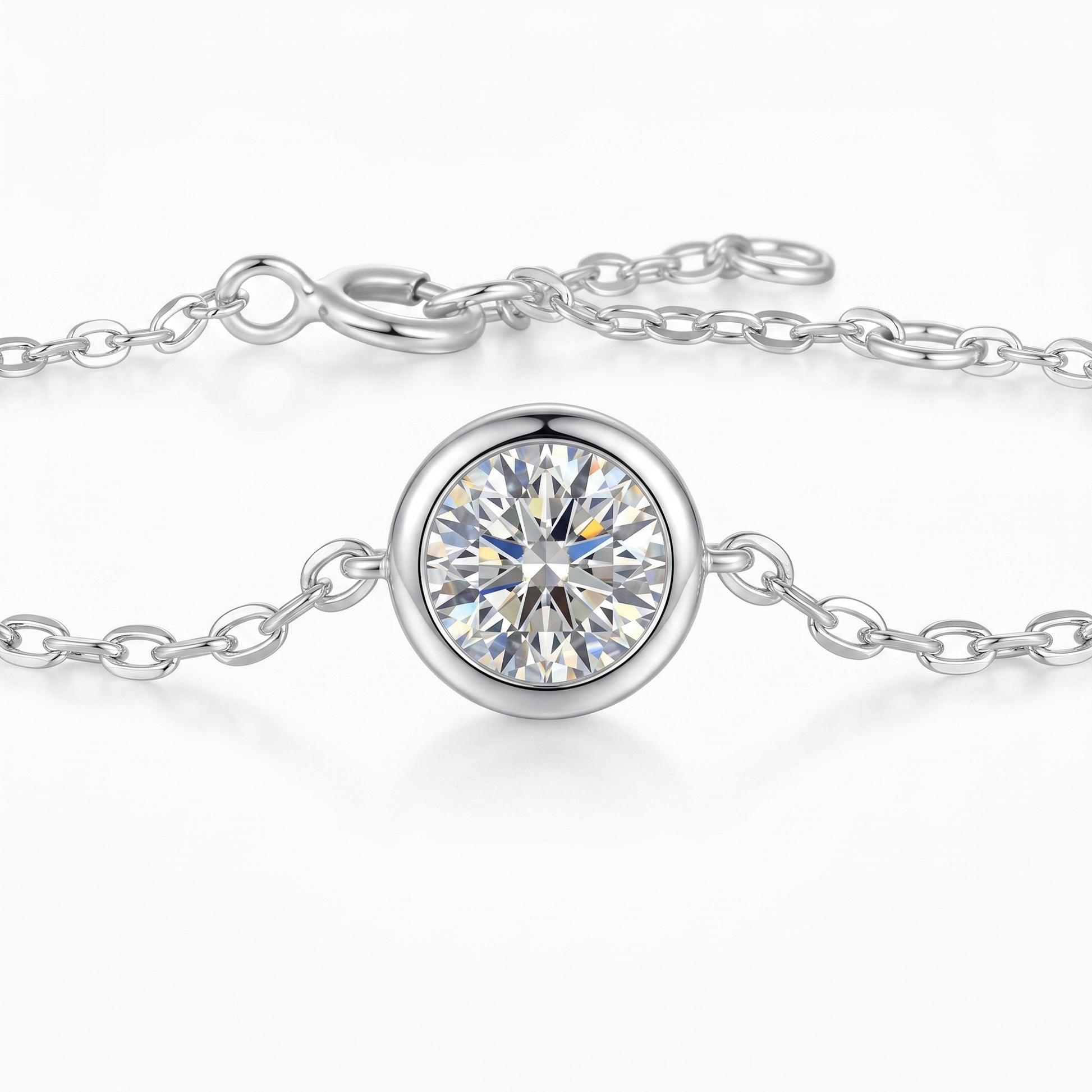 Close-up of round moissanite bubble bracelet in 18K white gold plated sterling silver