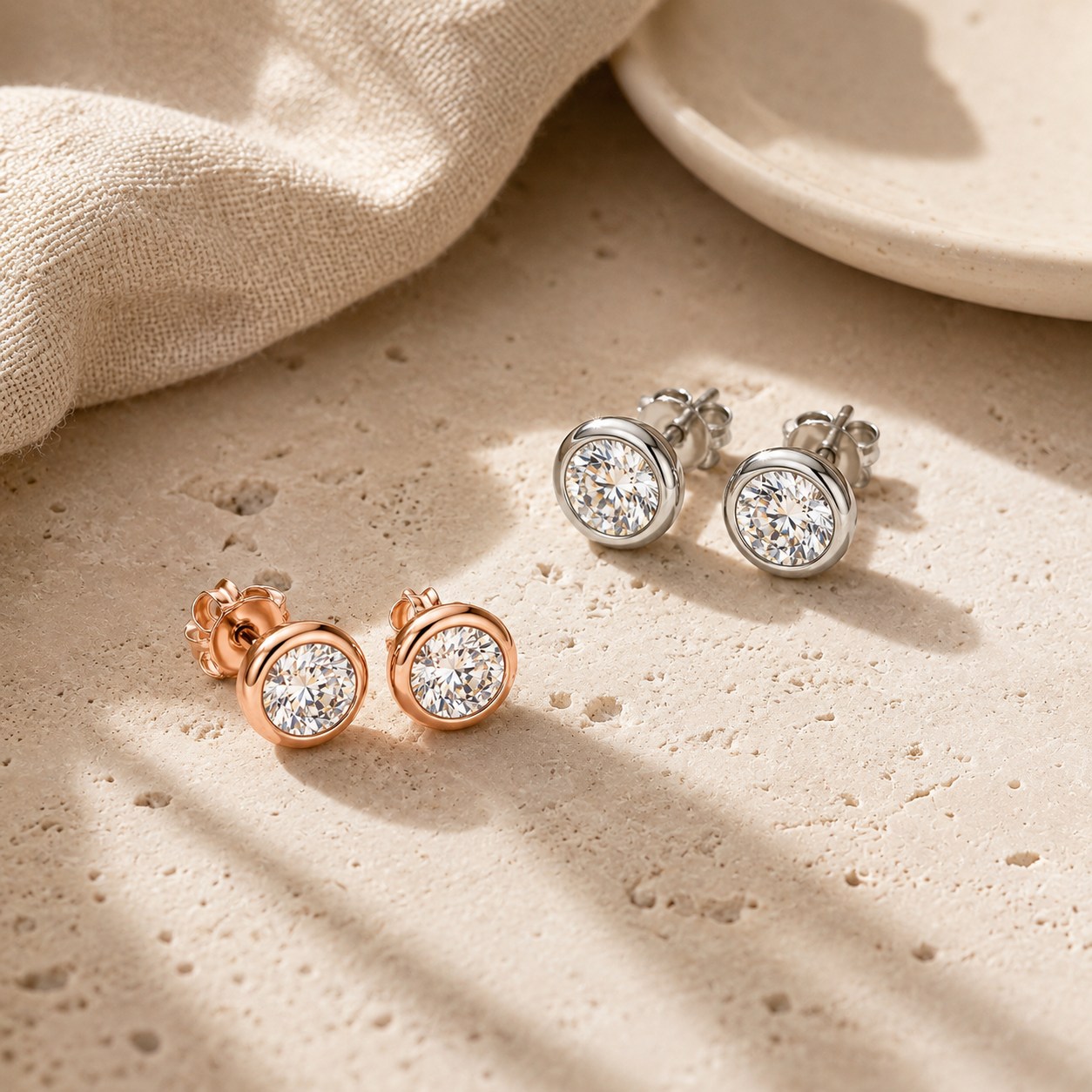 Pair of silver and rose gold Moissanite bubble earrings on stone background