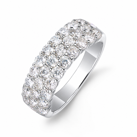 Three-row pavé moissanite eternity ring in 925 sterling silver with 18K white gold plating