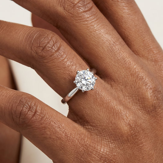 Moissanite solitaire engagement ring worn on hand, classic silver band with round brilliant center stone
