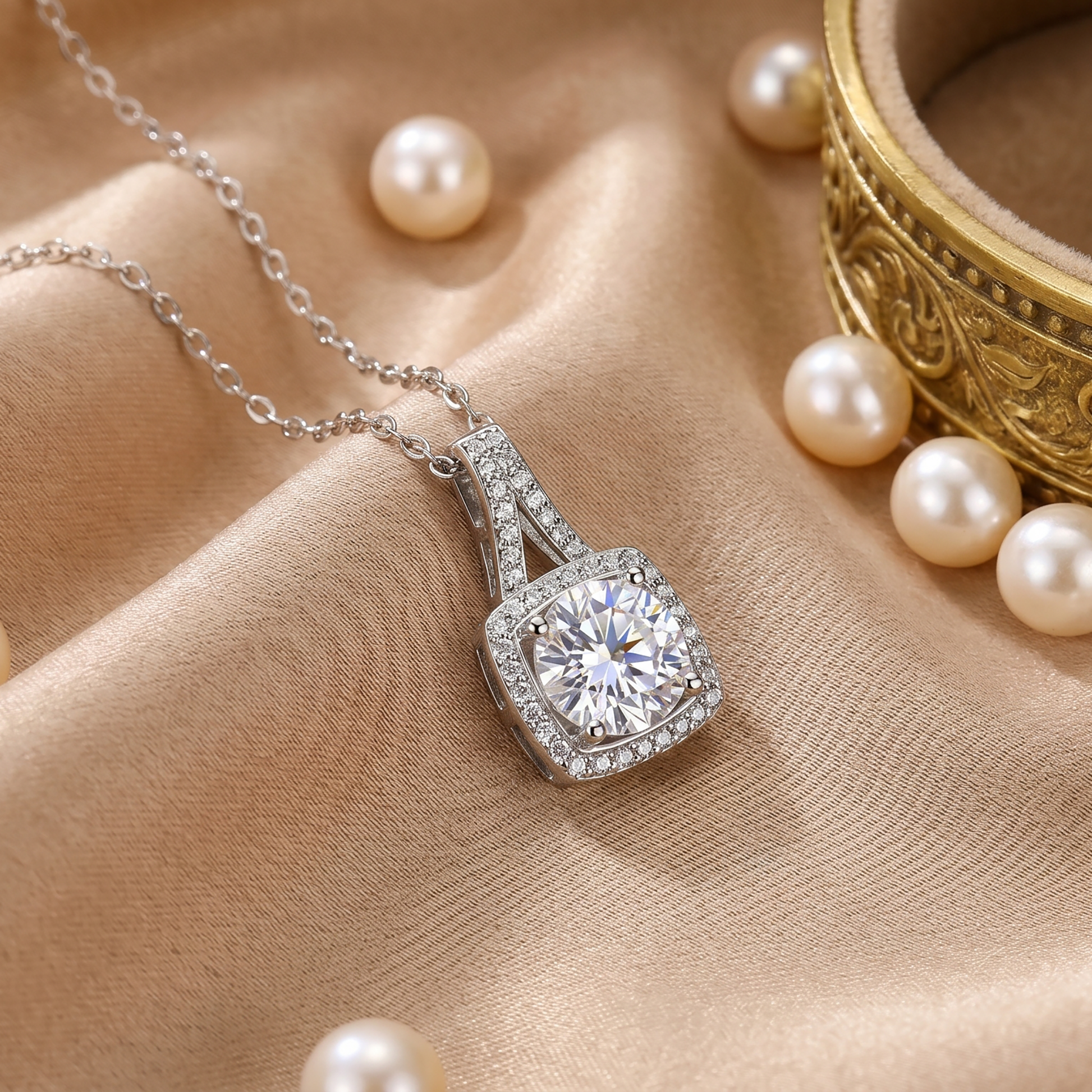 Cushion halo moissanite pendant necklace on satin fabric with pearls