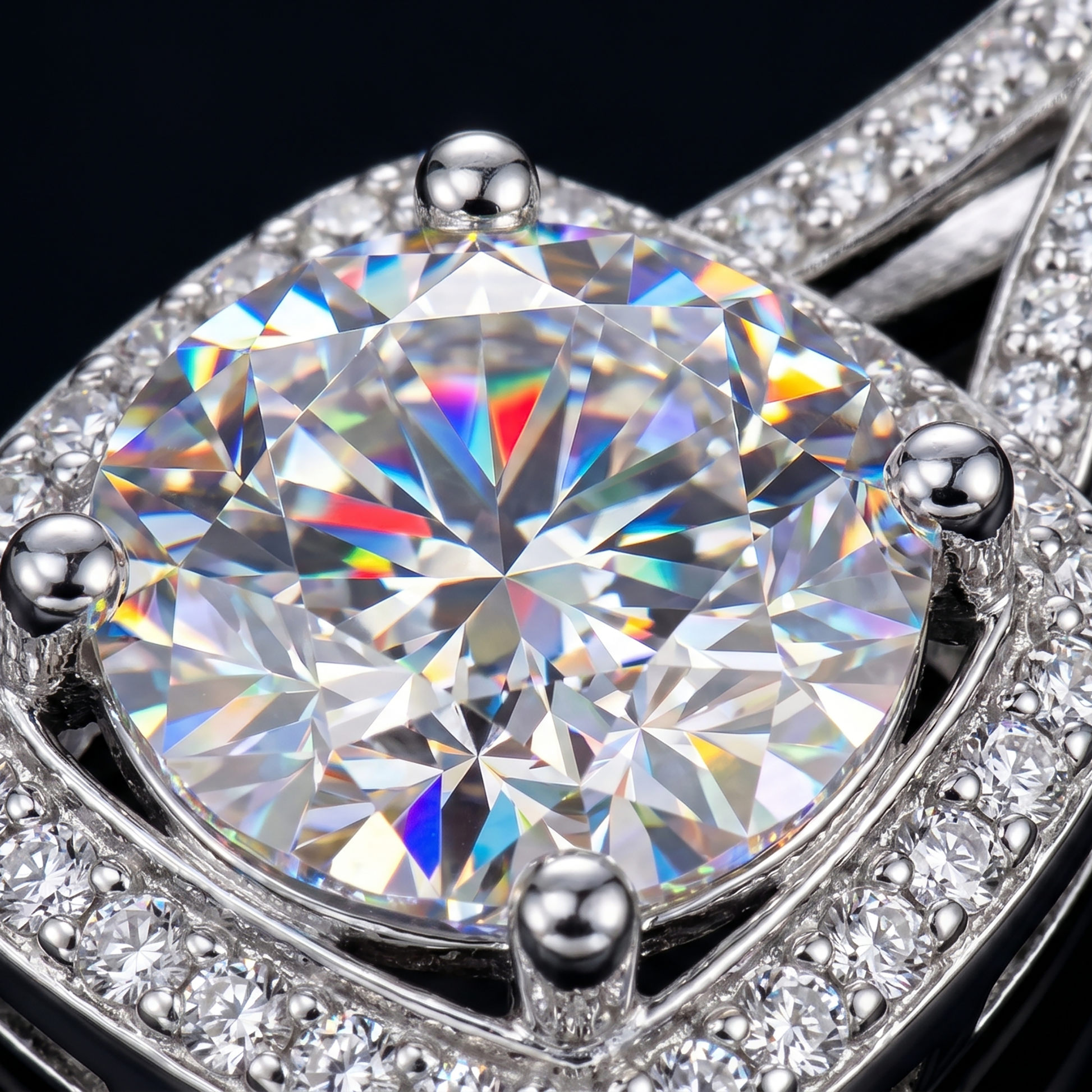 Macro close-up of cushion halo moissanite pendant showing brilliant fire and pavé details