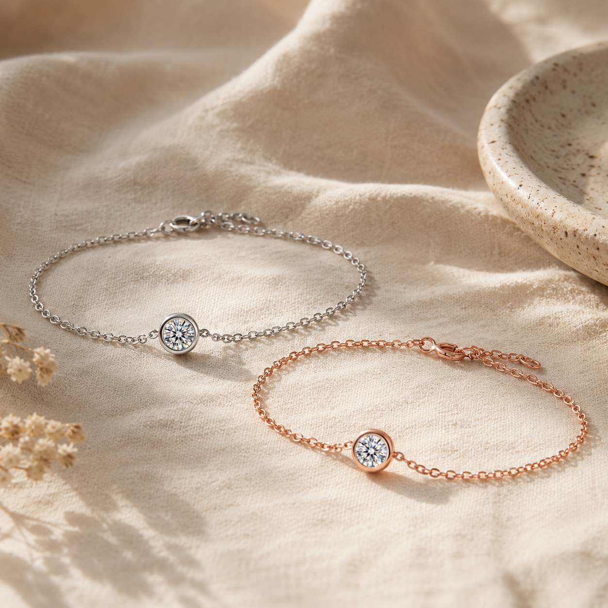 Moissanite bubble bracelet in 18K white gold plated and 18K rose gold plated finishes
