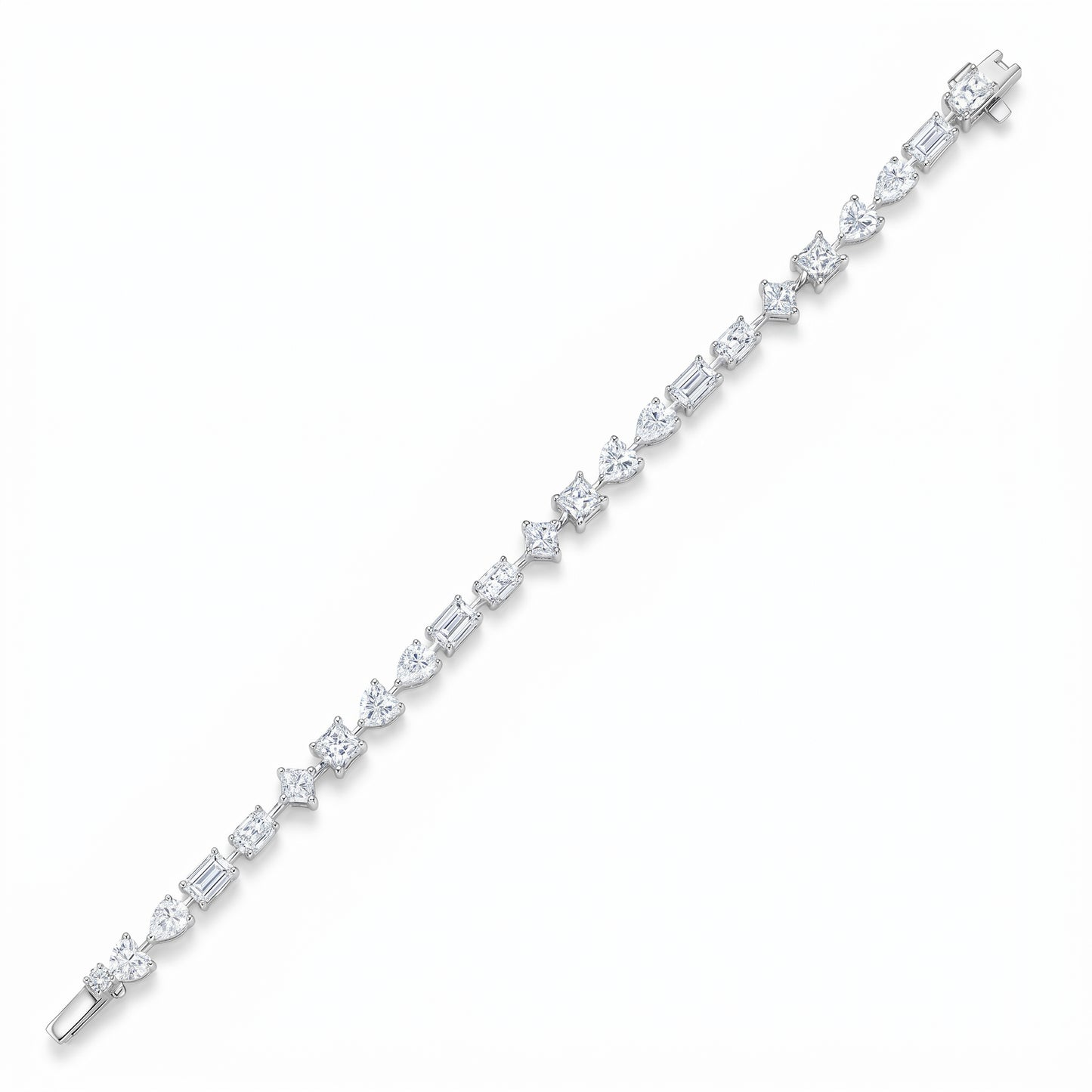 Premium S925 sterling silver tennis bracelet featuring a continuous river of mixed shape moissanite stones displayed diagonally.