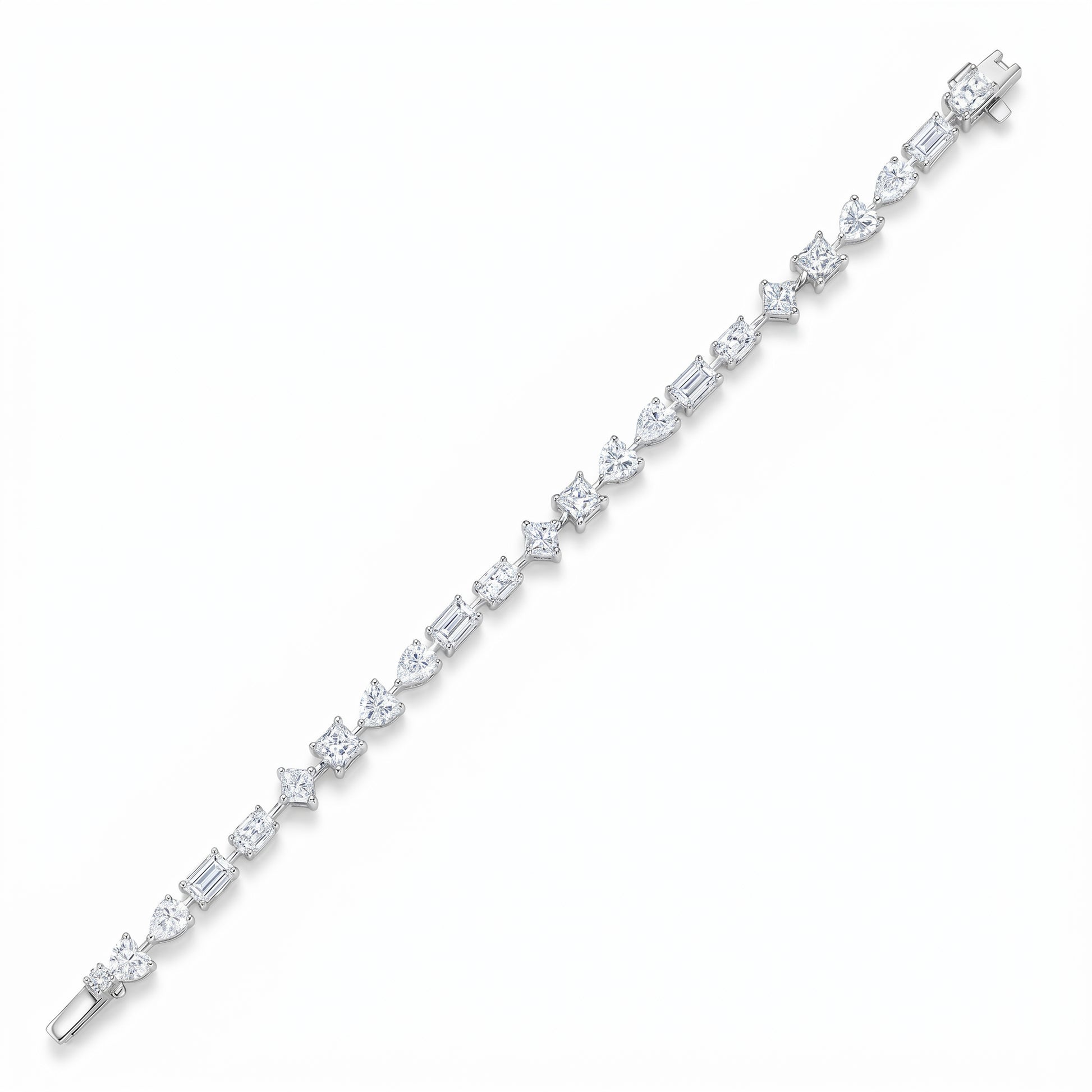 Premium S925 sterling silver tennis bracelet featuring a continuous river of mixed shape moissanite stones displayed diagonally.