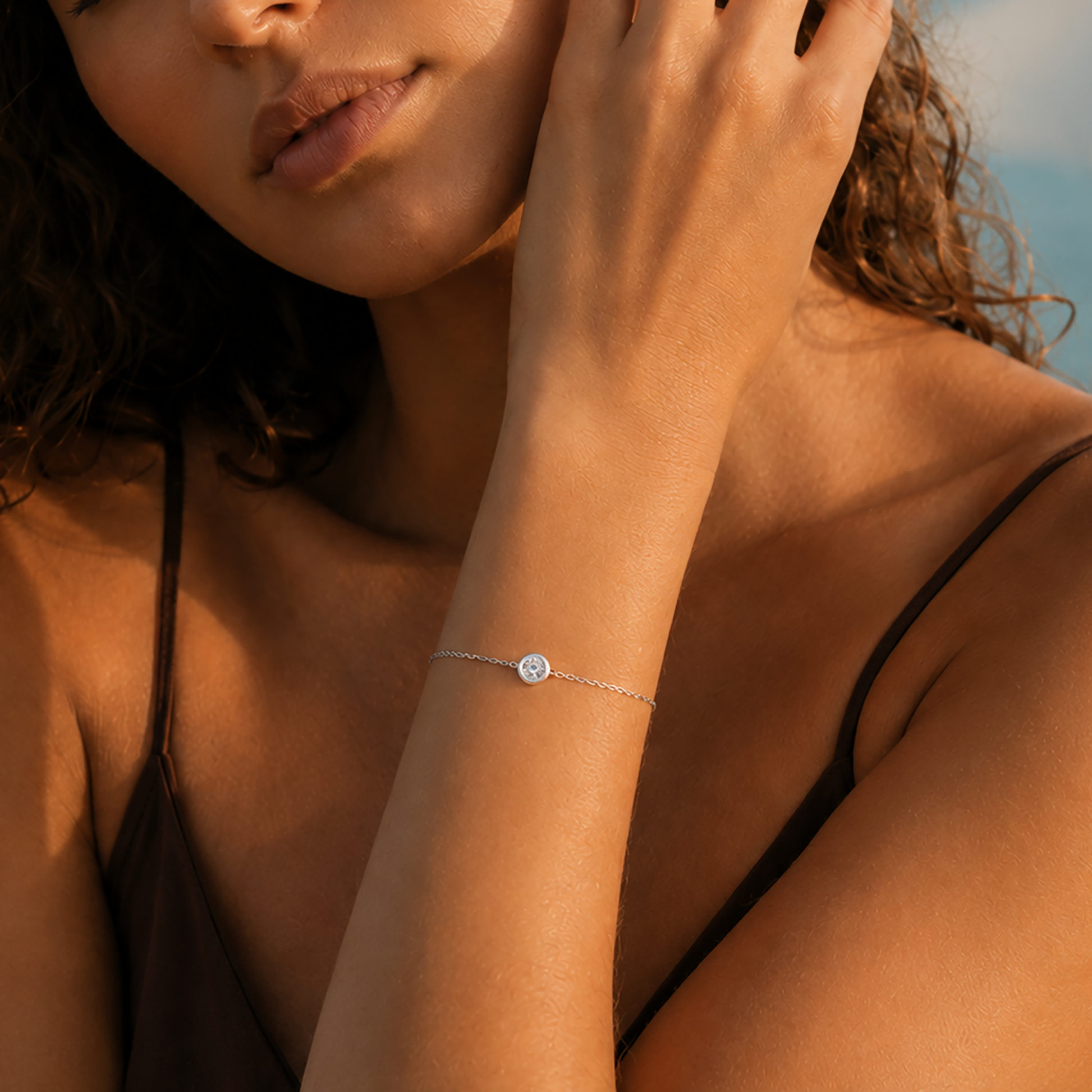 Model wearing a delicate moissanite bubble bracelet for everyday styling