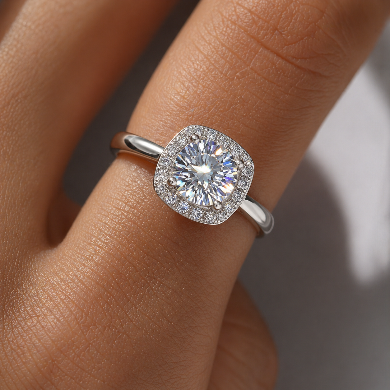 Close-up of cushion halo moissanite ring worn on tan skin