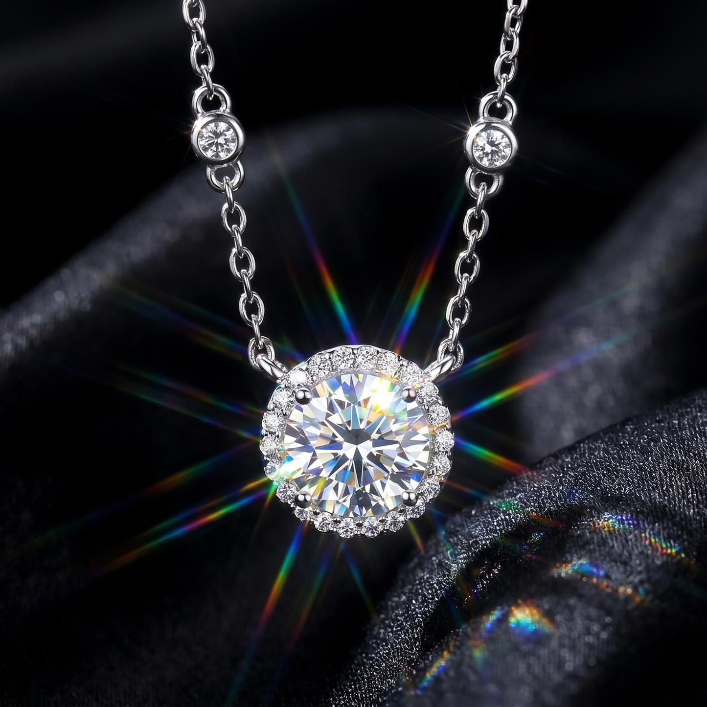 Round halo moissanite pendant necklace with rainbow fire on black silk