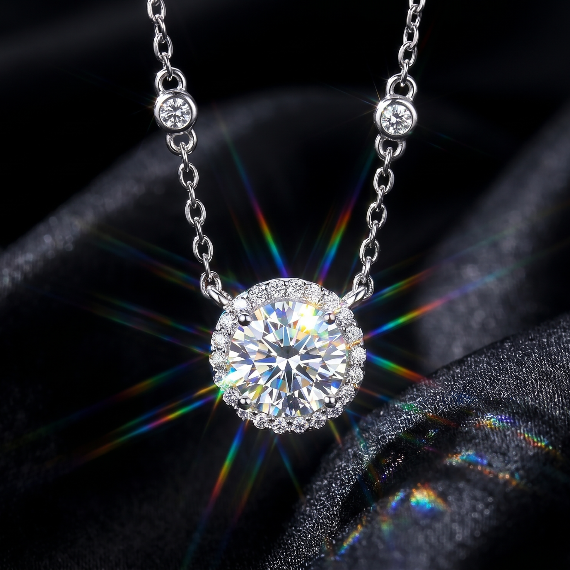 Round halo moissanite pendant necklace with rainbow fire on black silk