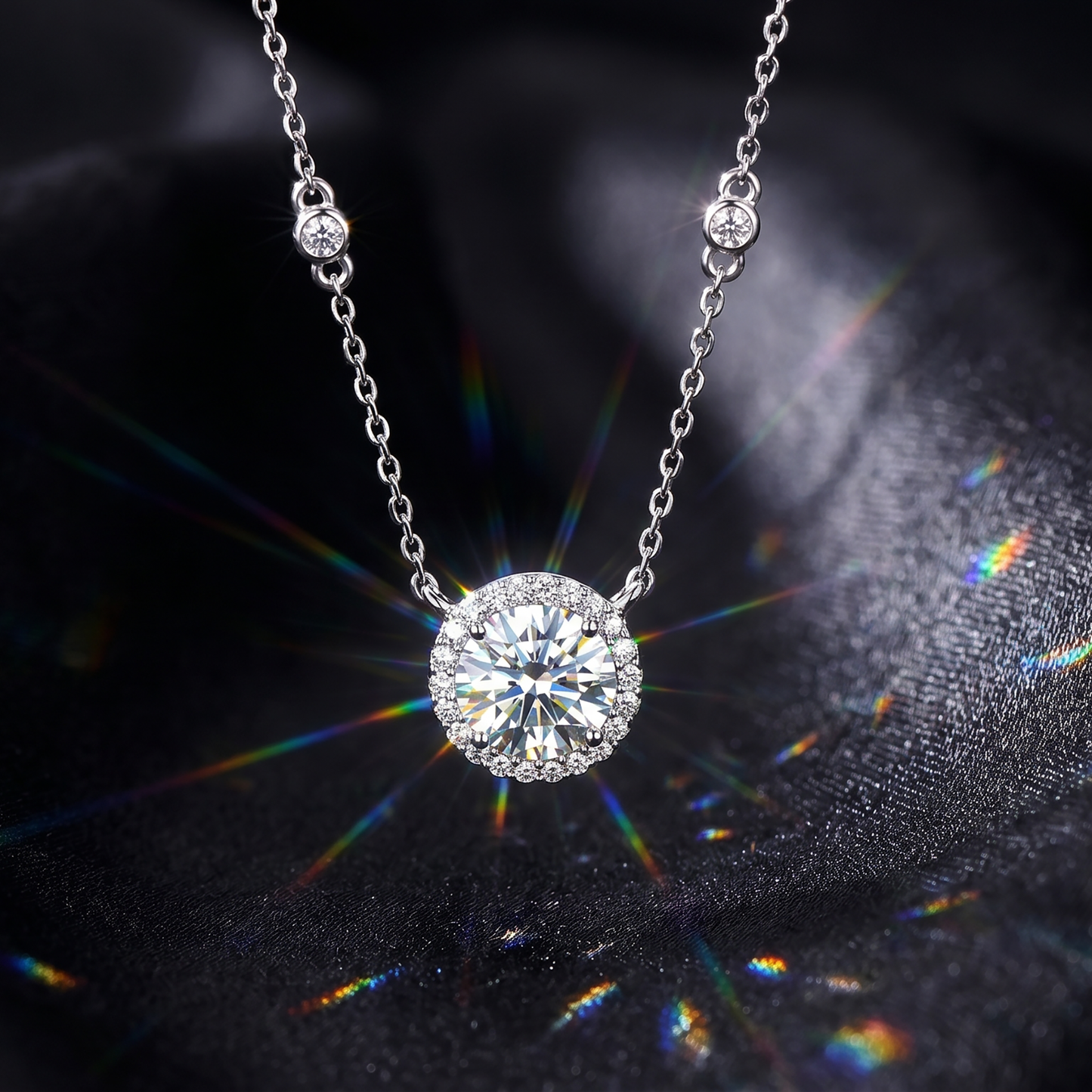 Silver round halo moissanite necklace showing brilliant sparkle and fire