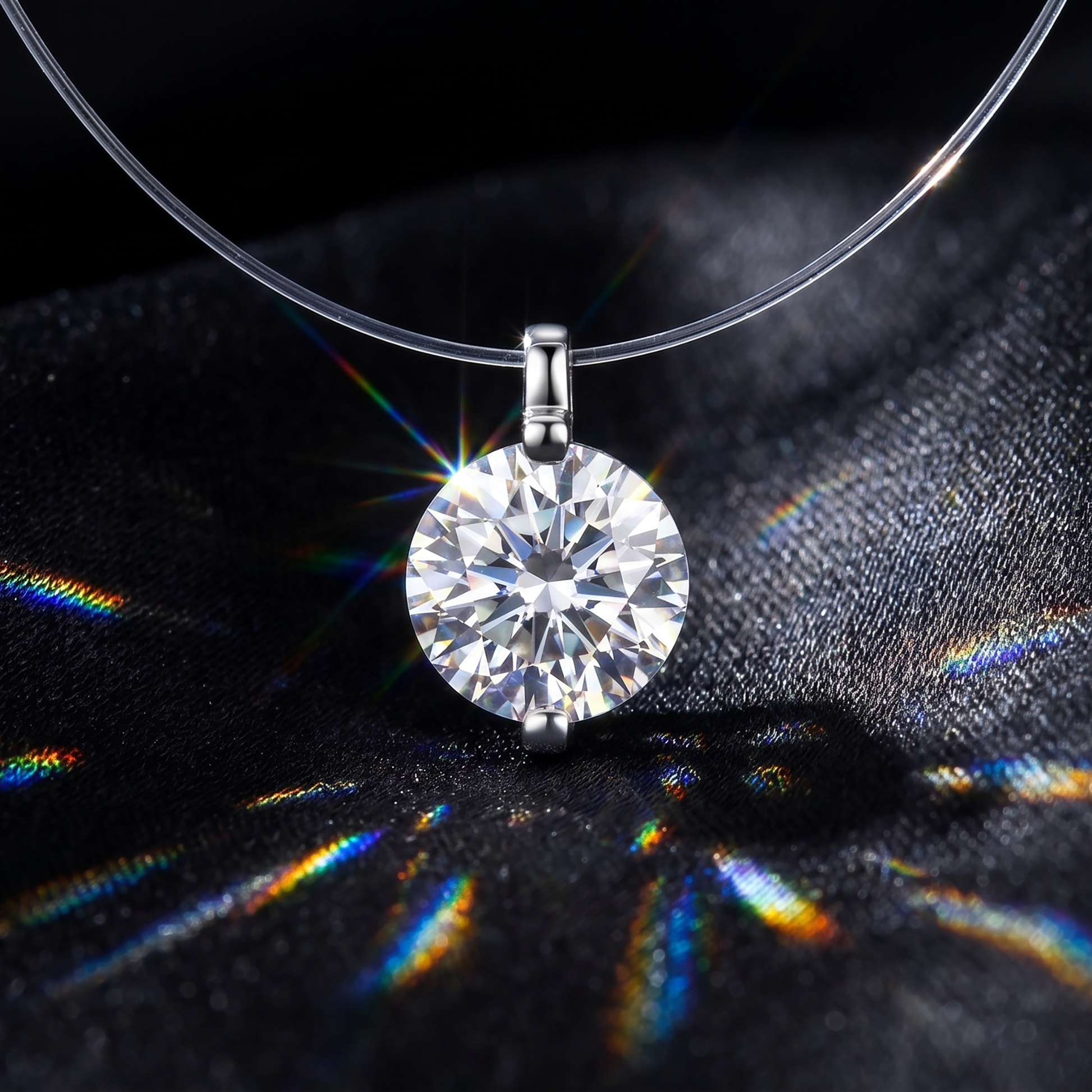 Macro shot of invisible line moissanite pendant showing brilliant sparkle and fire