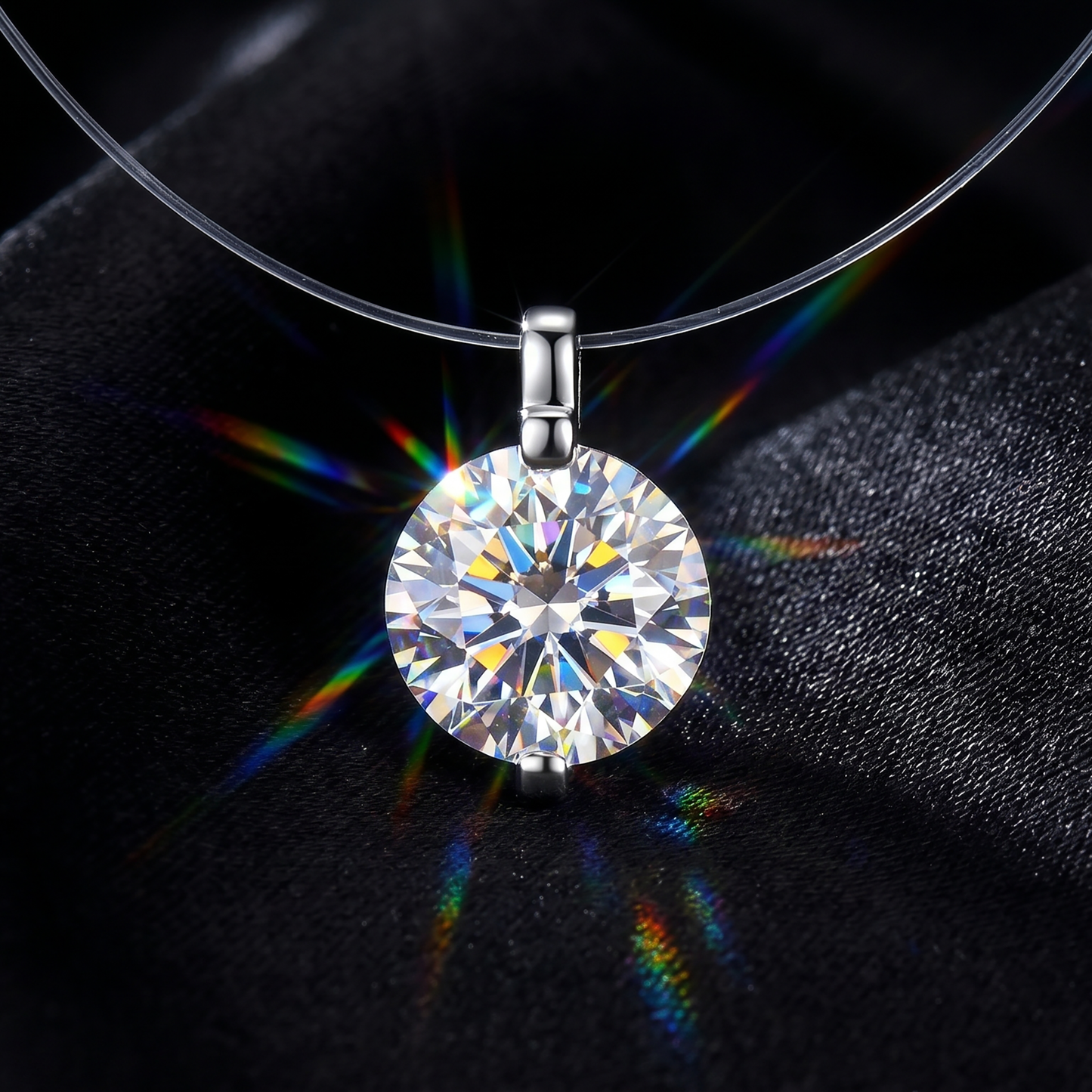 Solitaire moissanite pendant necklace with rainbow fire on black silk