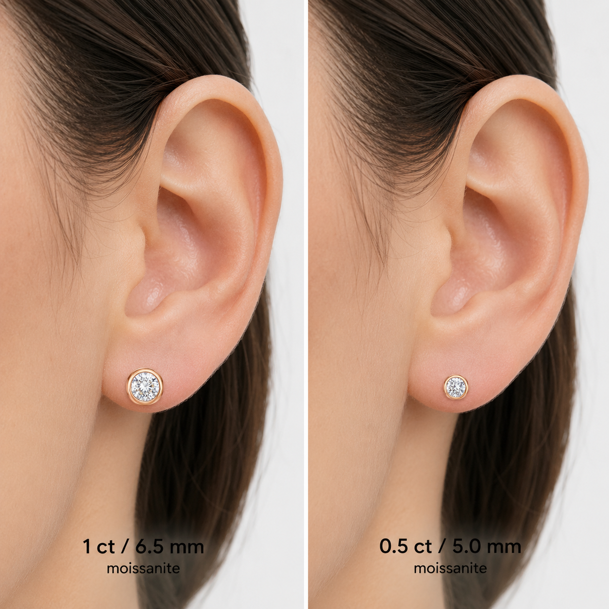 Side-by-side comparison of 18K rose gold bezel-set moissanite stud earrings on a model's ear, showcasing the visual difference between two sizes.