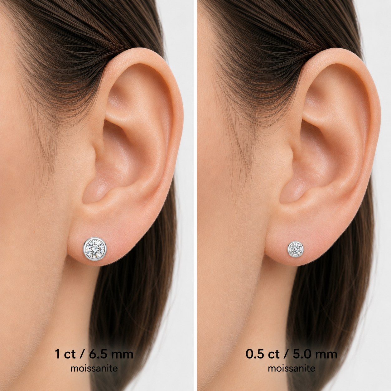 Moissanite earring size guide on model's ear featuring 1.0 ct (6.5 mm) and 0.5 ct (5.0 mm) silver bezel-set studs for scale and appearance comparison.