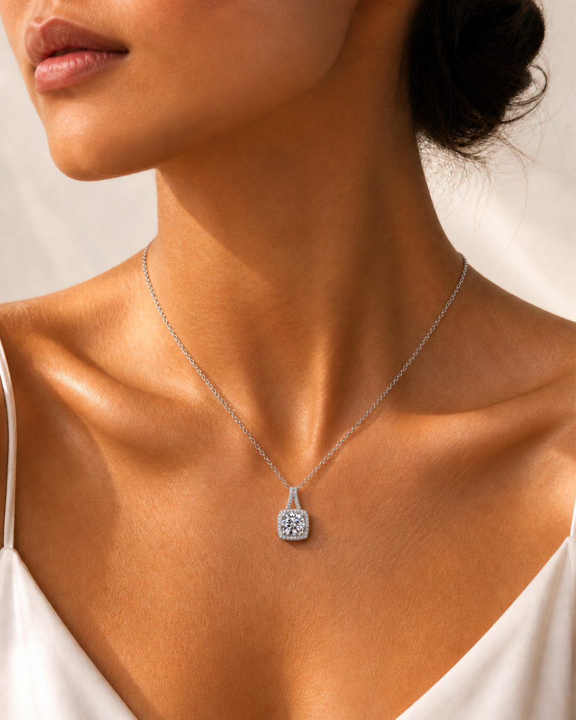 Woman wearing a cushion halo moissanite pendant necklace in soft natural sunlight