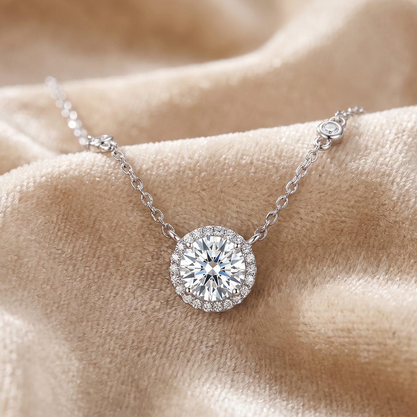 Round halo moissanite necklace resting on beige satin fabric