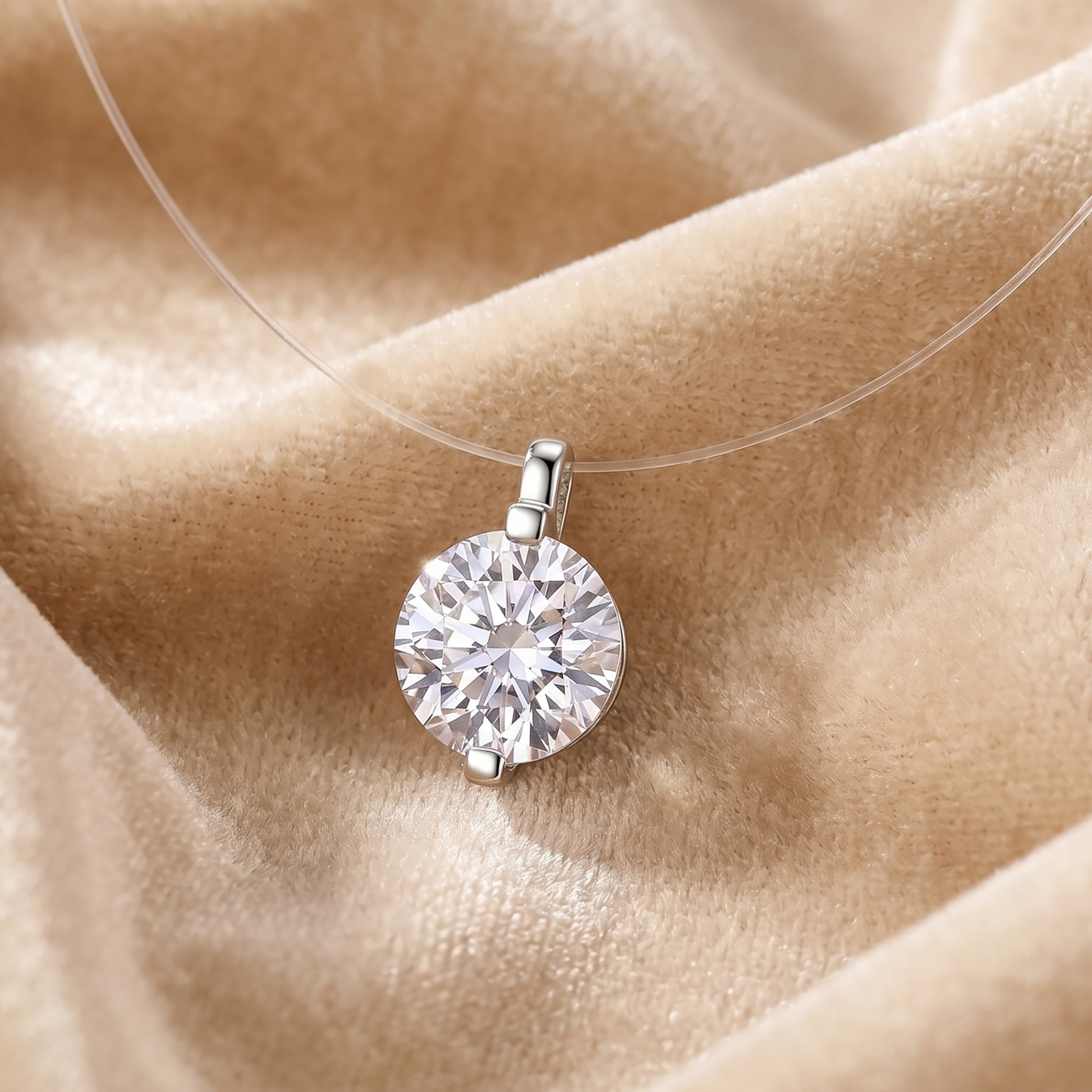 Invisible line moissanite pendant necklace resting on beige satin fabric