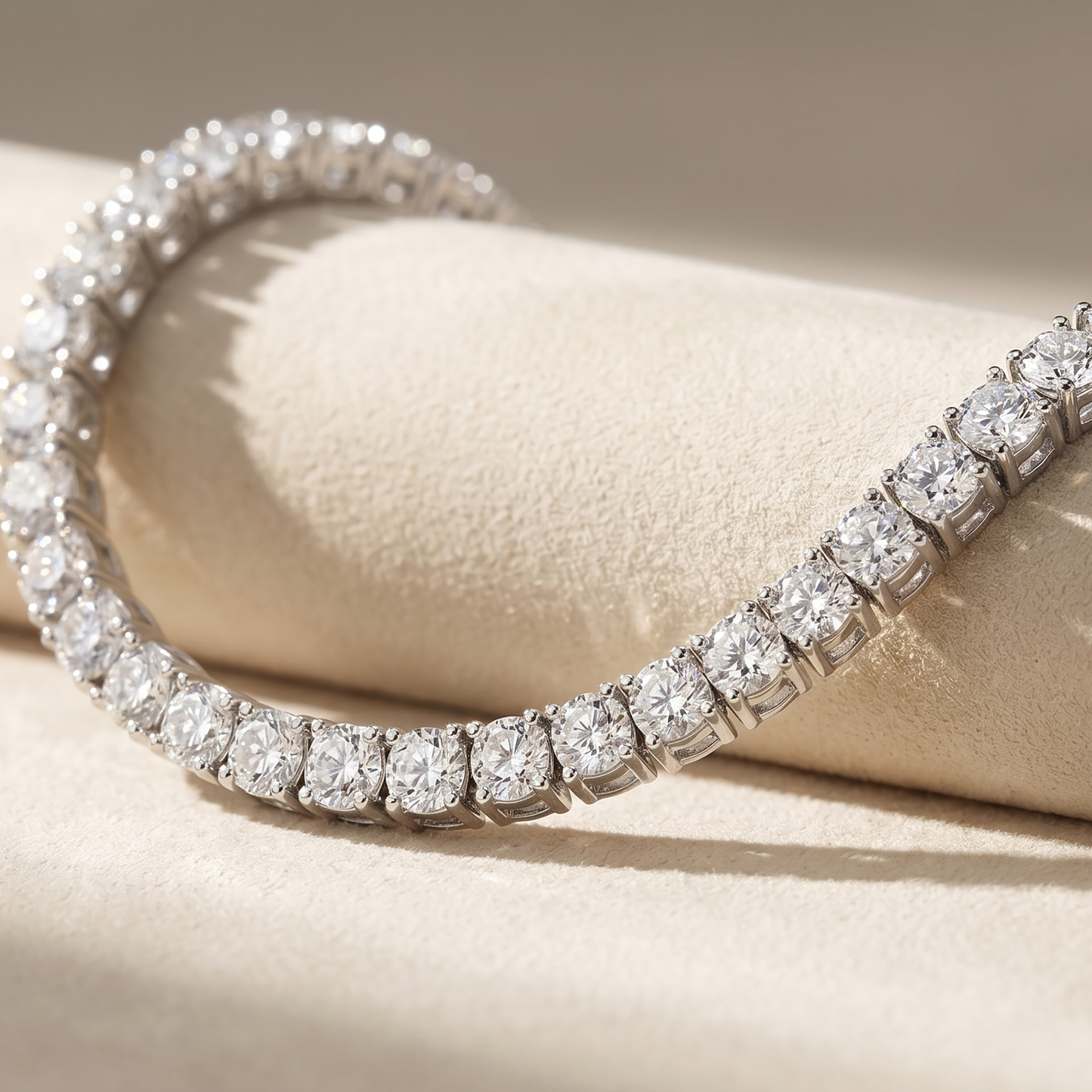 Moissanite tennis bracelet resting on soft beige fabric