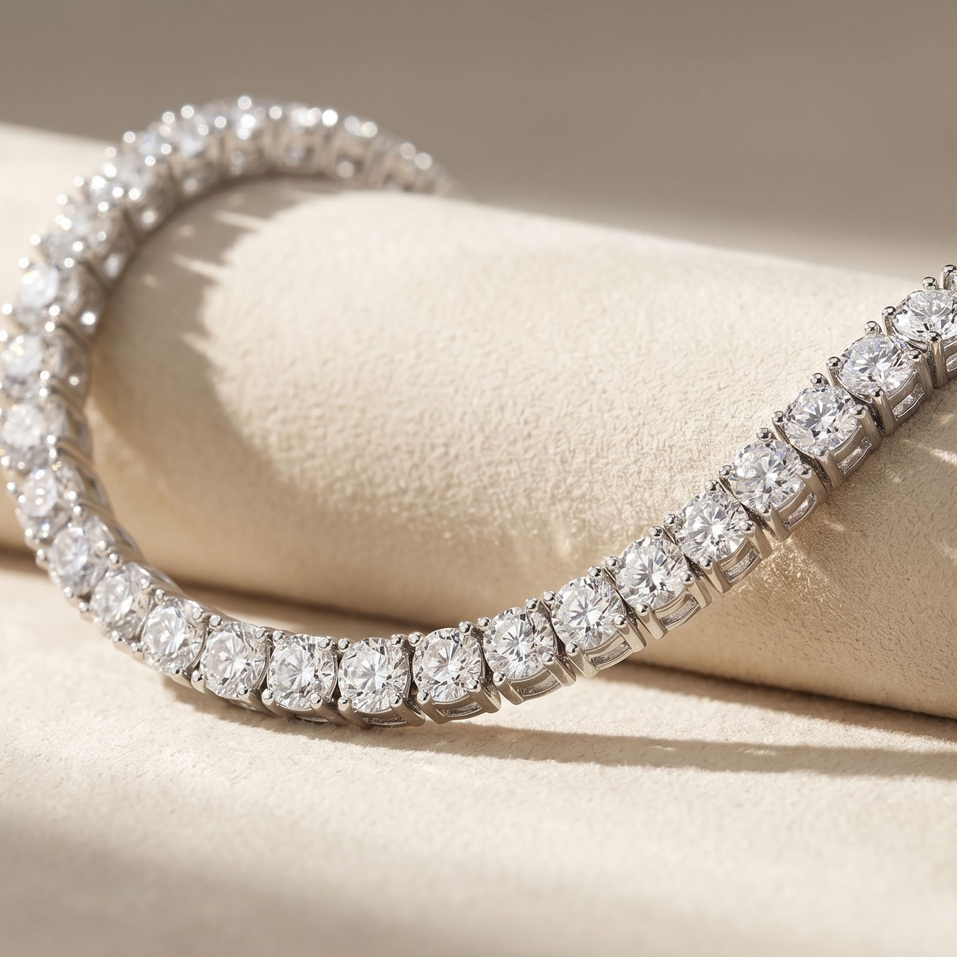 Moissanite tennis bracelet resting on soft beige fabric